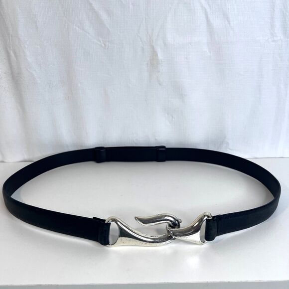 Chicos Statement Belt Silver Metal Hook Buckle Black Leather Adjustable MD** - Picture 1 of 9